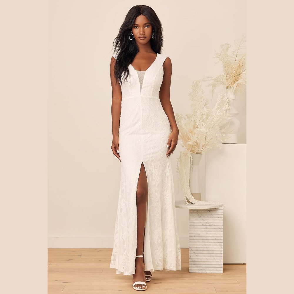 Lulus True Feelings White Sequin Embroidered Lace Maxi Dress M - Picture 2 of 4